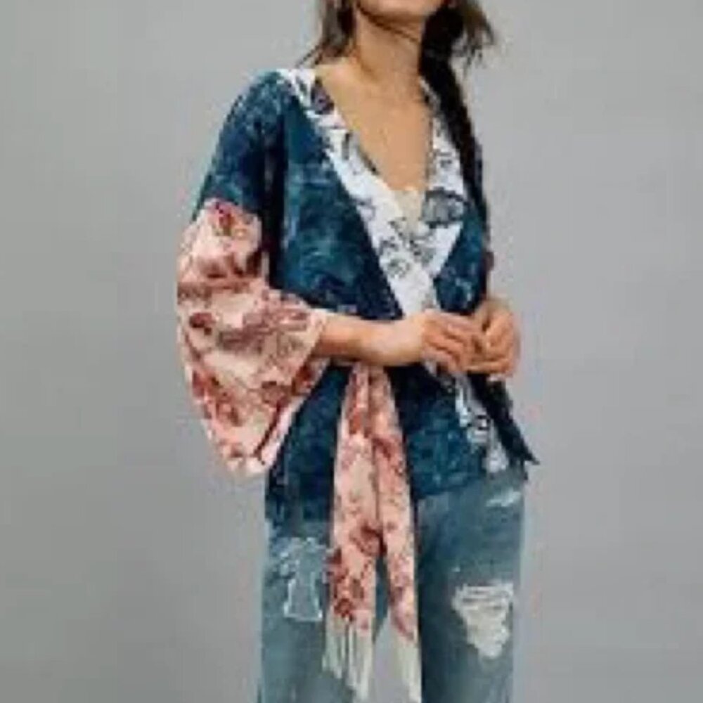 Anthropologie Kimono - Floral Navy Rose Cream Pattern - One Size - Missing Belt